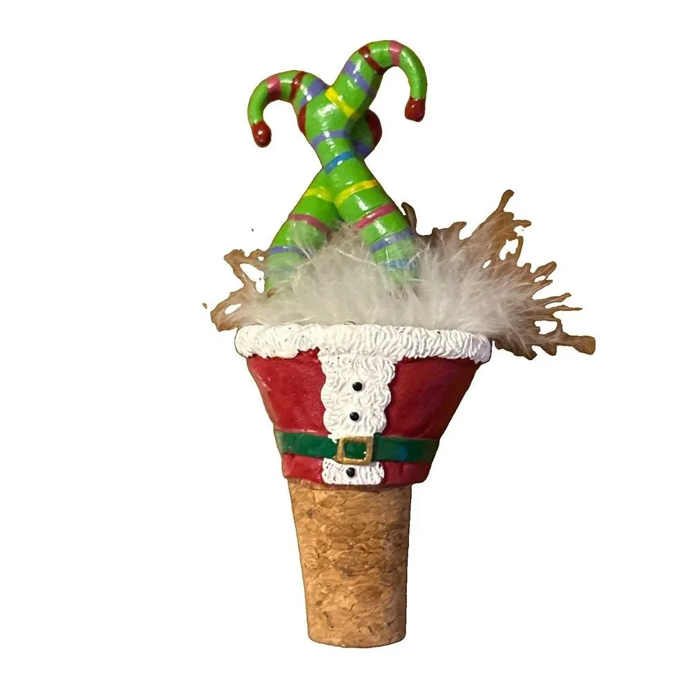 Christmas Elf Wiggly Legs Santa Suit Striped Socks Wine Bottle Cork Stopper